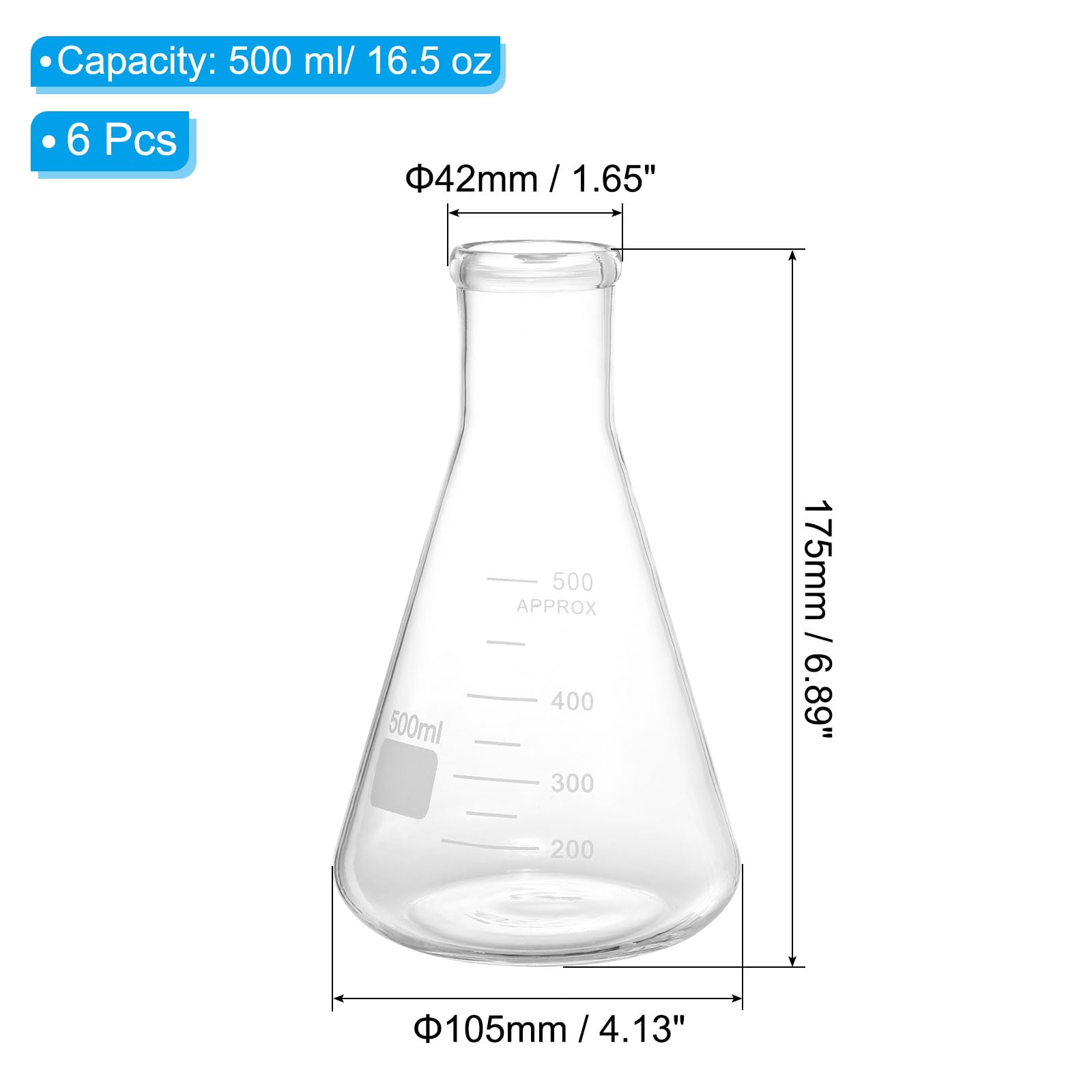 PATIKIL 6 Pièces Fiole Erlenmeyer 500 ml avec Graduation Imprimée