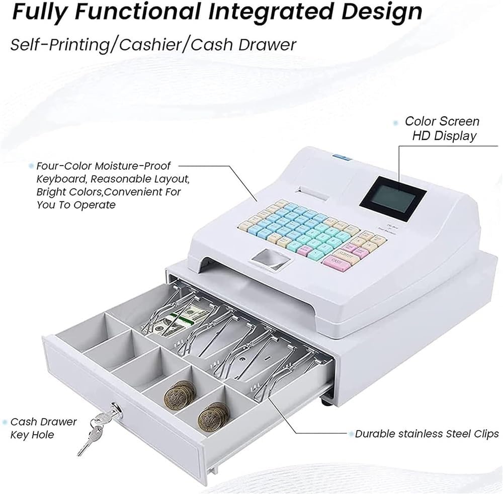 業務用電子レジスター、少額請求書、レシートプリンター、客面液晶ディスプレイ、現金管理システム、キャッシュドロアー、POSレジ、電子レ 電子POSシステムキャッシュレジスター8デジタルLED商業用キャッシュレジスター、取り外し可能なキャッシュトレイとサーマル  ...
