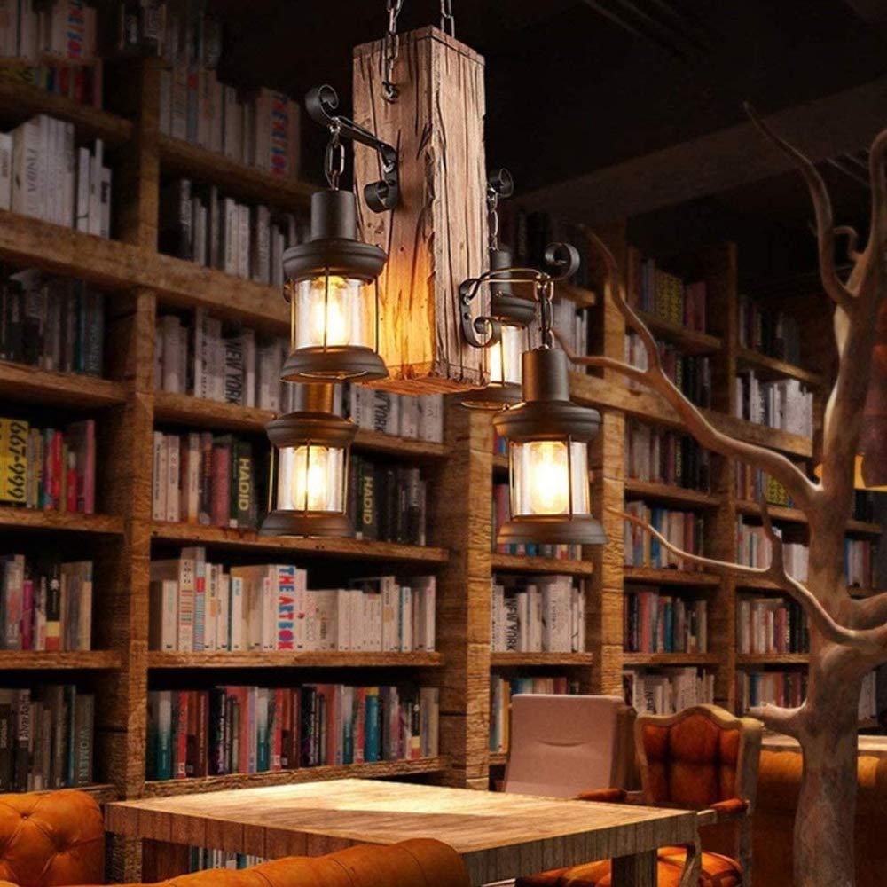 Vintage Pendellampe E27 Industrie Kronleuchter Retro Holz Pendelleuchte Antike Schwarz Eisen Glas Lampenschirm Höhenverstellbare Hängelampe Beleuchtung Loft Innen Esszimmer Wohnzimmer Deko Deckenlampe