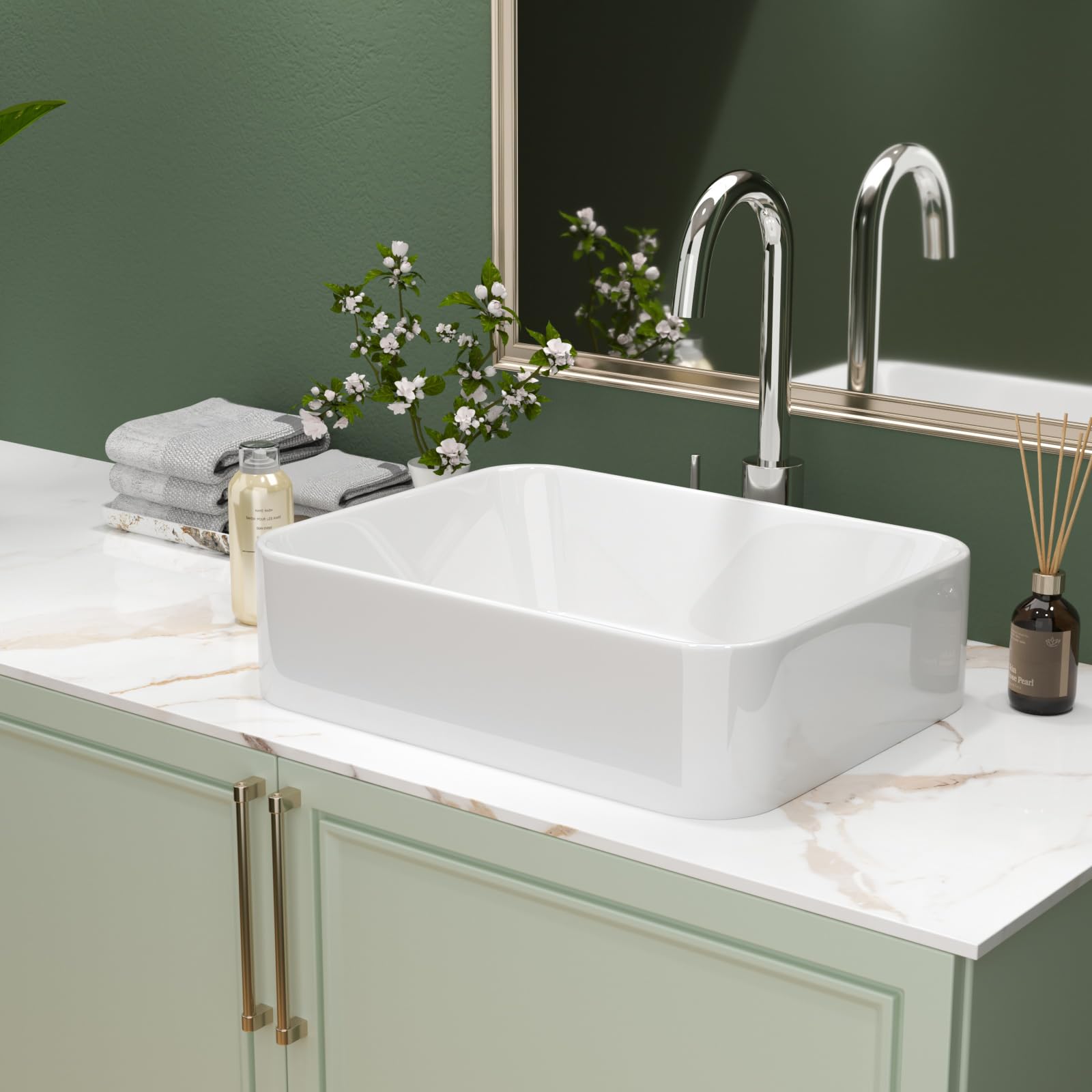 Sarlai Fregadero de cerámica para cuarto de baño, moderno, pequeño, compacto, de porcelana, sobre encimera, diseño clásico, color blanco brillante, rectangular, 485 x 380 x 130 mm