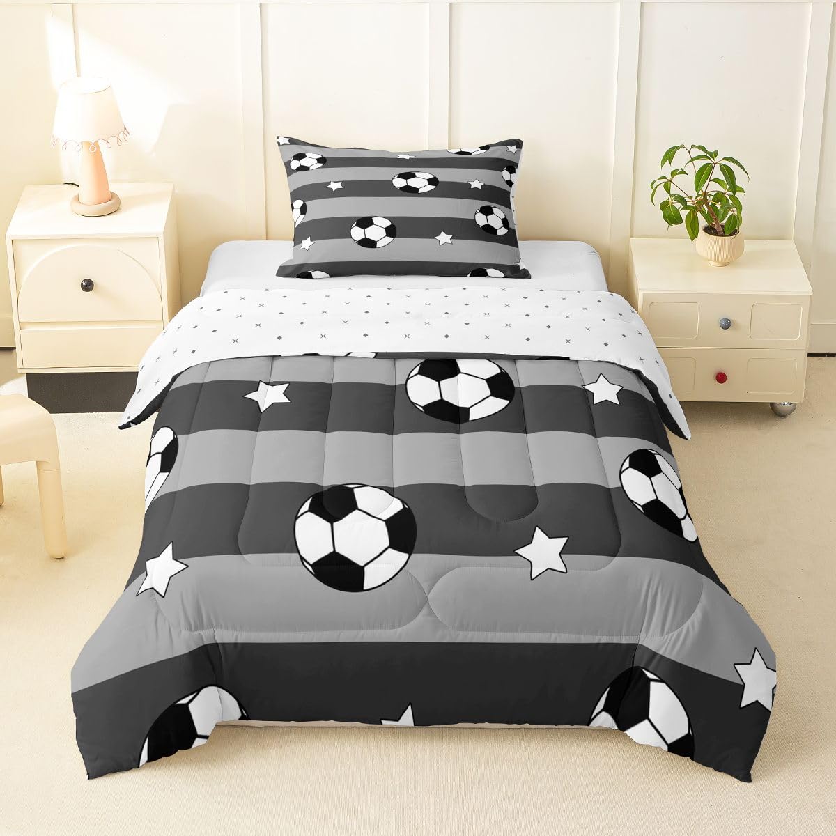 Feelyou Soccer Comforter Set Toddler Kids Football Pattern Games Bedding Set for Boys Girls Teens Sports Theme Grey Geometric Stripes Duvet Quilt Room Decor