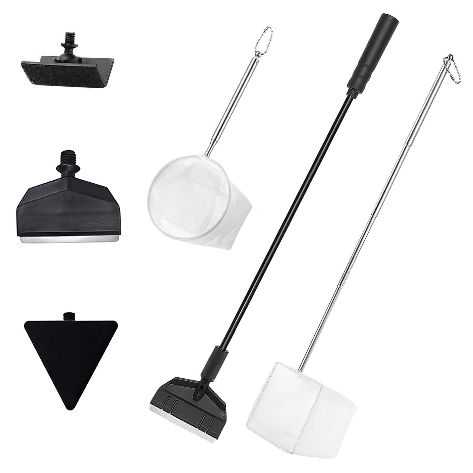 Aquarium Glass Scraper Set, 6 PCS Fish Tank Extendable Cleaning Kit with 14” Detachable Rod Algae, Algae Scraper, Specialized Blade, Triangle Flat Brush & 90 ° Right Angle Brush, Small Fish Nets