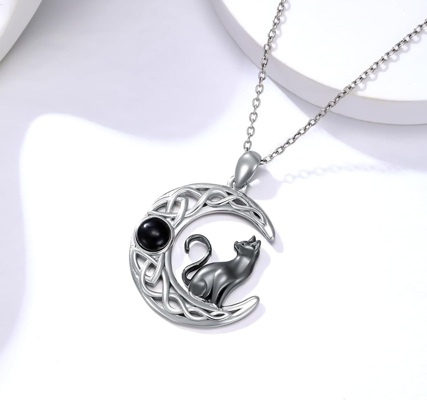 Natural Black Onyx Moon and Cat Necklace for Women 925 Sterling Silver Black Cat Pendant with Genuine Black Onyx Jewelry Gifts for Cat Lover - Image 3