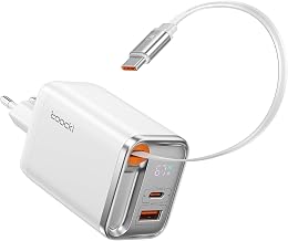 toocki USB C Charger 67 W 3 Port GaN with Retractable Charging Cable, White | LED display, quick retractable charging cable, travel, compatible with MacBook, iPhone 17 Pro Max, Galaxy S25, switch, laptop