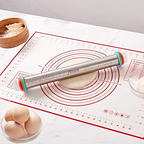 Miniatura 8 de Juego de rodillos y alfombrillas de silicona para repostería, rodillo de masa de acero inoxidable, rodillos con anillos de grosor ajustable, para