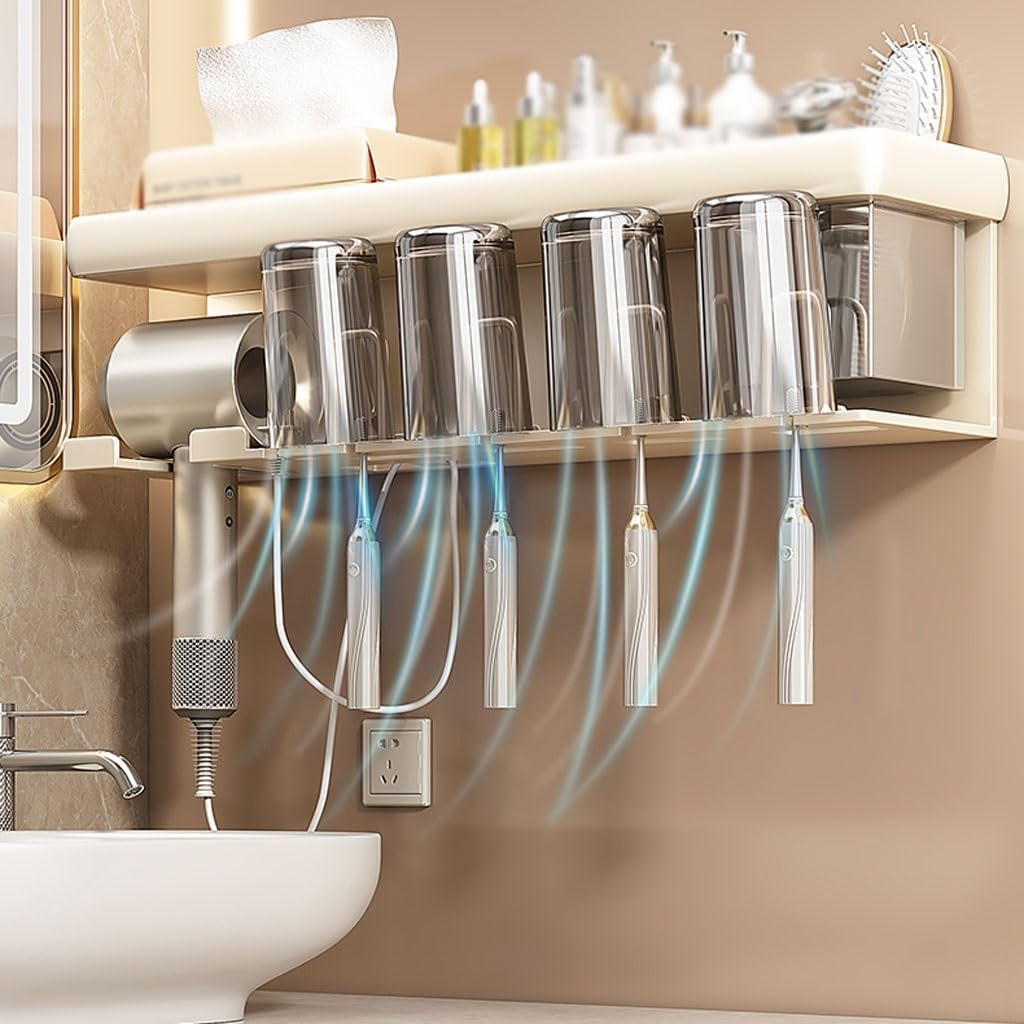 Estante para Cepillos de Dientes Portaspazzolino Bianco Crema Scatola portaoggetti for dentifricio a Parete Decorazione for Bagno Senza punzonatura può Contenere asciugacapelli(L36.3cm)