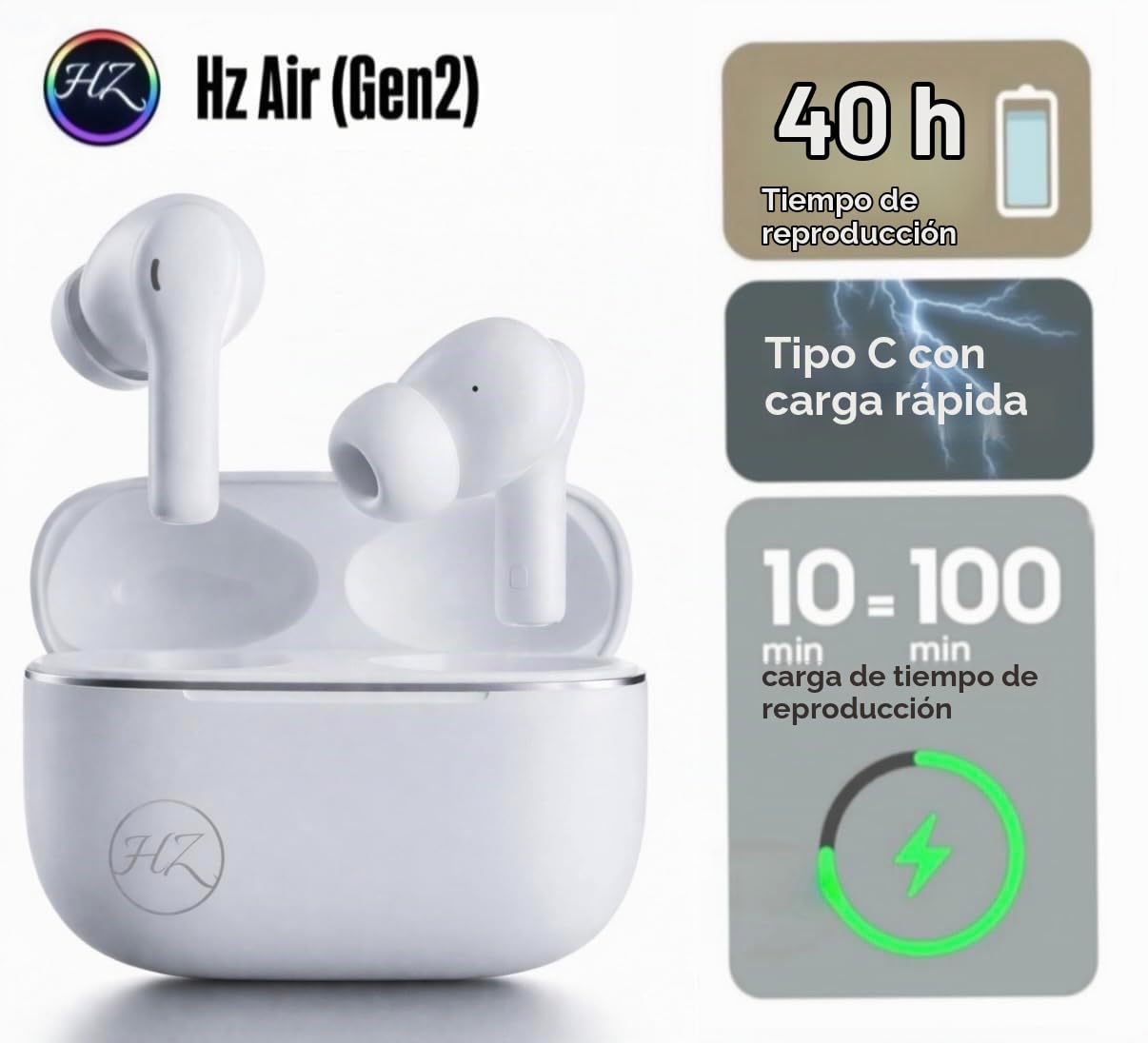 HZ Air (Gen2) Auriculares Inalámbricos con Cancelación Activa de Ruido (ANC),Driver de 13mm,Modo Transparencia, Bluetooth 5.4,Micrófono HD y Estuche de Carga Rápida (Blanco)