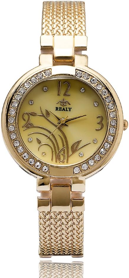 REALY Women Flower-Plated Dial Ultra Thin Quartz Crystal Accented Alloy Bracelet Wrist Watch