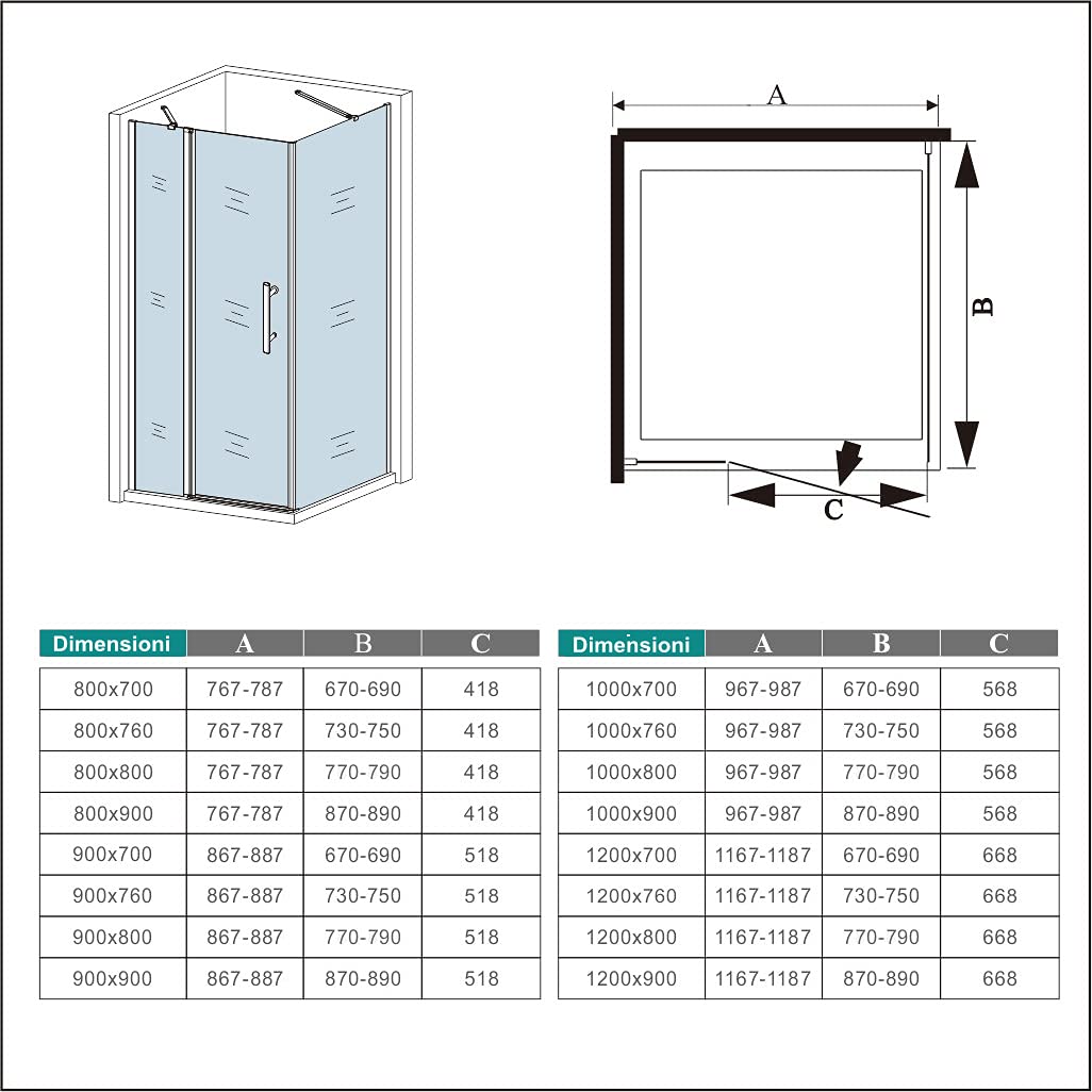 100x80 cm Box Doccia Angolare Porta Battente con Parete Laterale Vetro 6 mm Temperato Anticalcare con Barra Stabilizzatrice Cromato Lucido Alto 195 cm