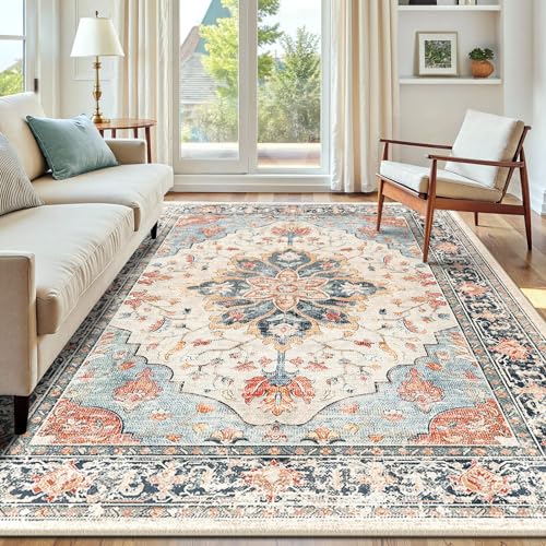 INOVADAY Tapis de Salon Lavable en Machine 150x210 cm Vintage à Faible Poil Antidérapant avec Motif Imprimé Tapis Chambre pour la Chambre à Coucher, Le Bureau à...