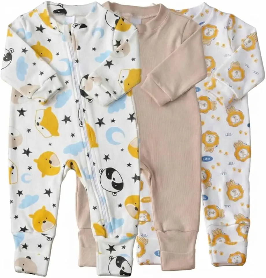 Kit com 3 Macacões Bebê Amore Leãozinho Vira Pé em Algodão com Zíper