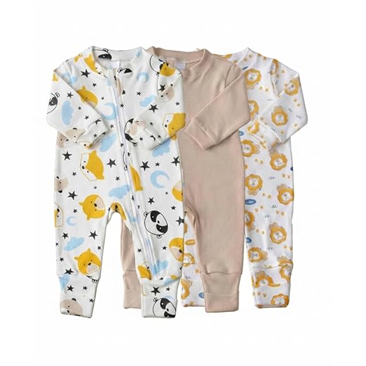 Kit com 3 Macacões Bebê Amore Leãozinho Vira Pé em Algodão com Zíper