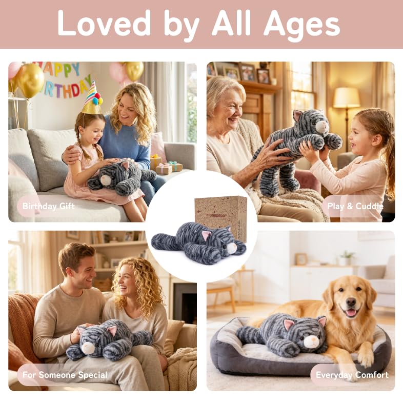 Image of Niuniu Daddy Black Tabby Weighted Stuffed Animal Cat Plush Pillow for Kids | 20 in 3.3 lbs, Heavy sensory lap pad, lying body pillow for sleeping, machine wash, huggable gift, cute plushies