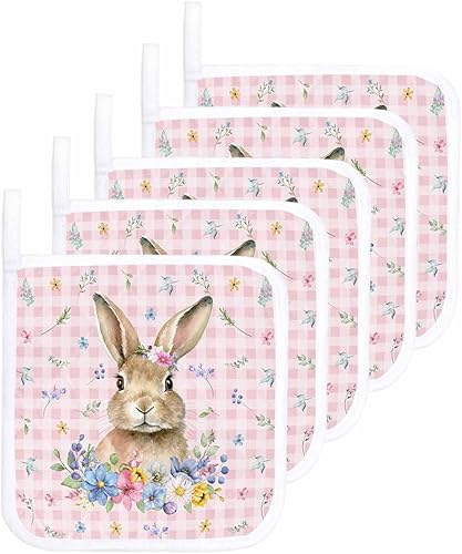 Miniatura 9 de 4 Packs Easter Spring Bunny Pot Holders Sets for Kitchen,Oven Pan Plate Bowl Pads Heat Proof Mat with Hanging Loop,Terry Cloth Potholders Soft Grip