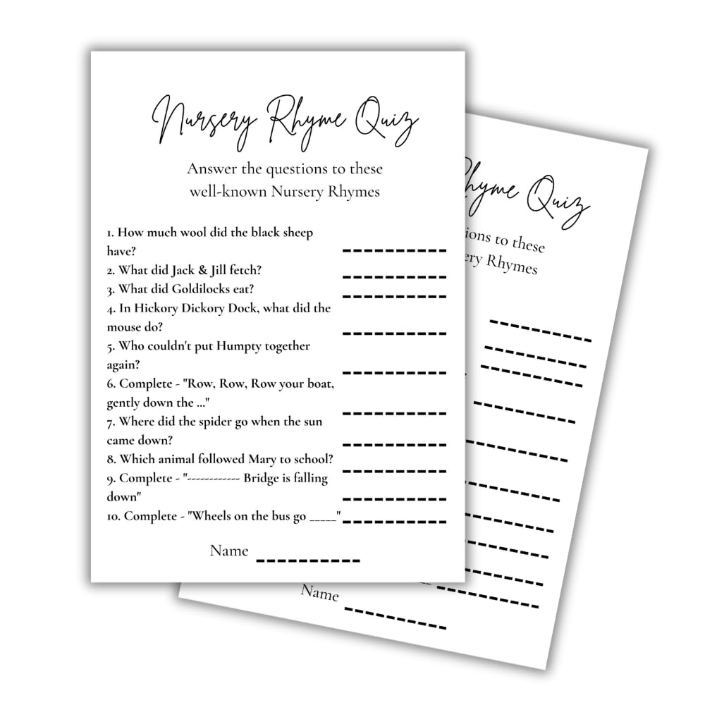Path to Party Nursery Rhyme Quiz Game, 75 Cards, Answer Sheet, Baby Shower & Naming Ceremony Games & Activities, Classic Black and White Theme, Lessons for Toddlers, Preschoolers