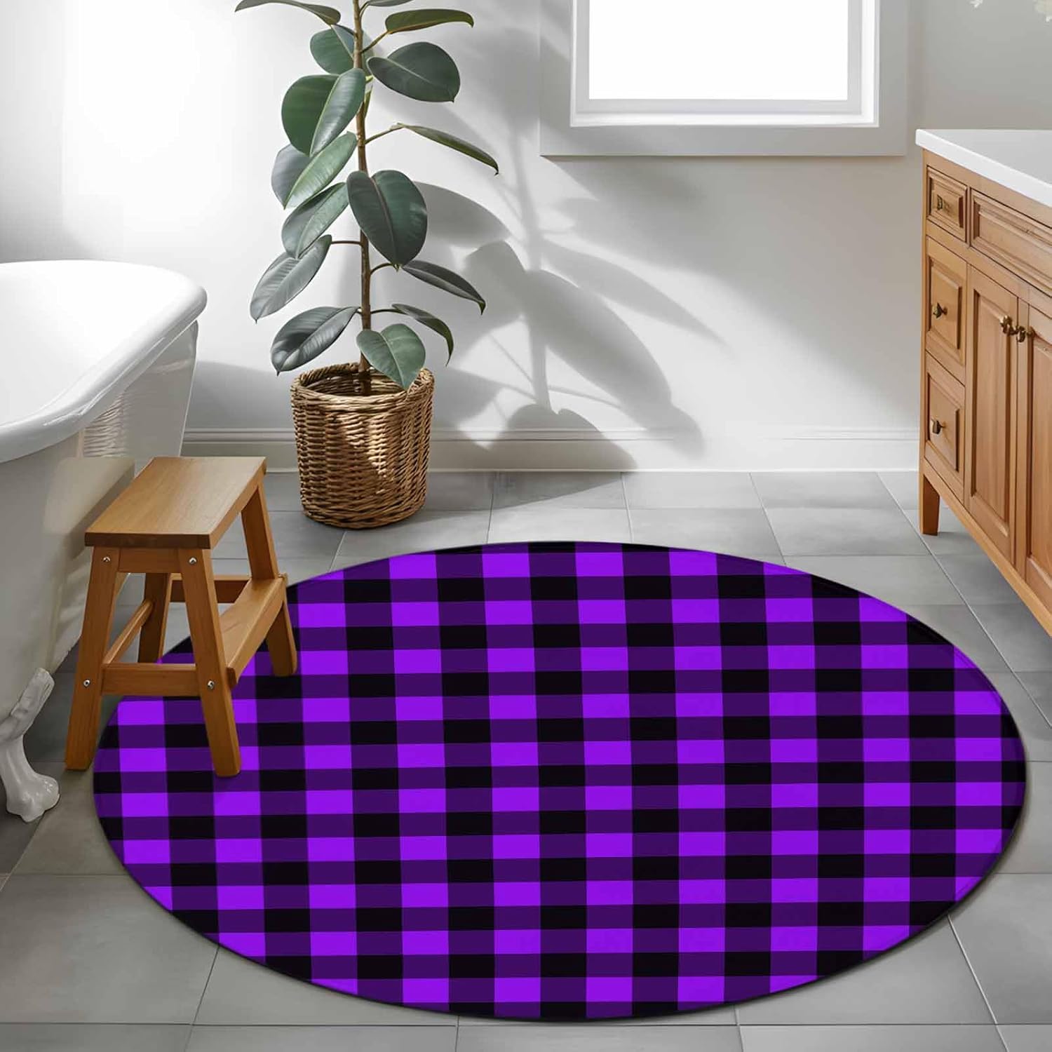 DecorLovee Small Round Rug 3Ft Washable Non-Slip, Black Purple Plaid Circle Area Rugs for Living Room Bedroom, Farmhouse Simple Buffalo Checked Indoor Floor Mats Carpet Runner for Home Decor
