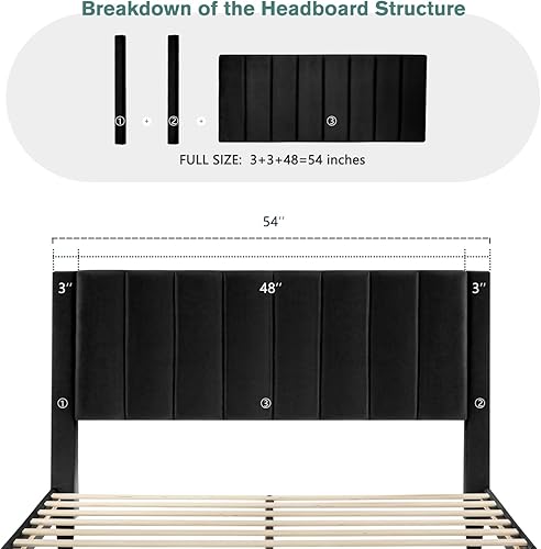 Miniatura 2 de IMUsee Base de cama tapizada de terciopelo de tamaño matrimonial con cabecero, listones de madera fuertes, somier opcional, base de colchón, fácil