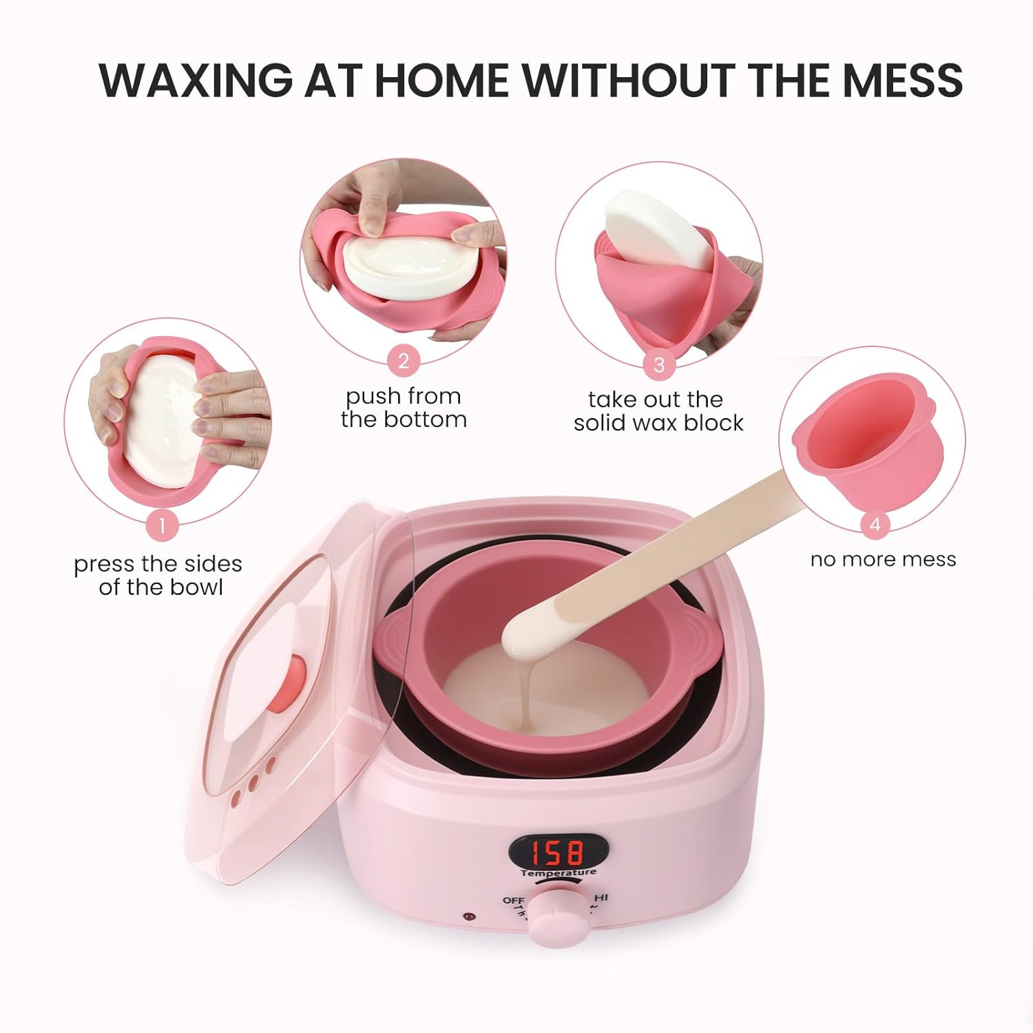 Digital Waxing Warmer For Women, 500ml At Home Waxing Kit With Salon Results, Wax Warmer for Hair Removal for Body, Bikini, Leg, Sensitive Skin, Precise Temp Control, Fast Heating, Pink