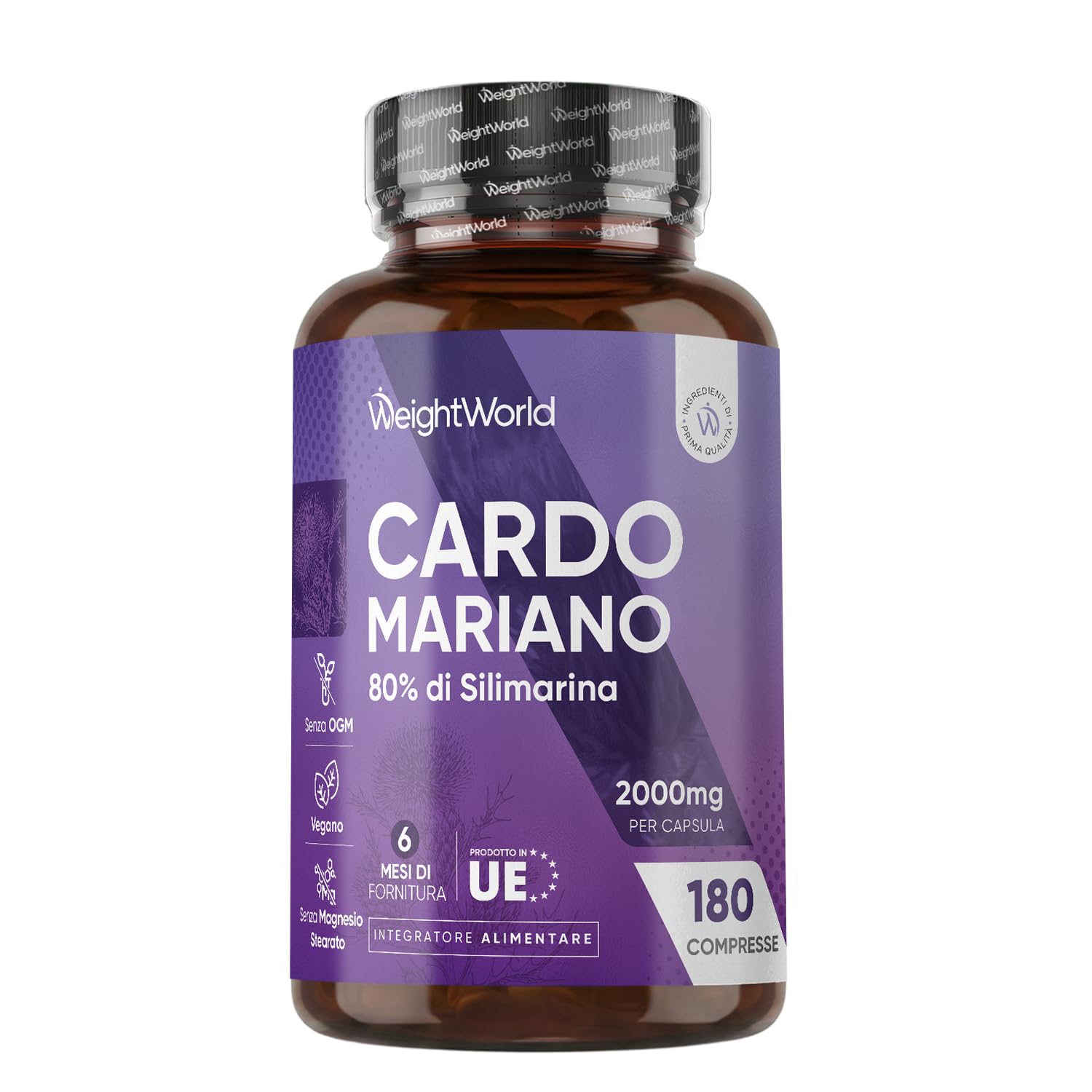 Cardo Mariano Vegano, 180 Capsule, 6 Mesi, 80% di Silimarina, 1 al Giorno