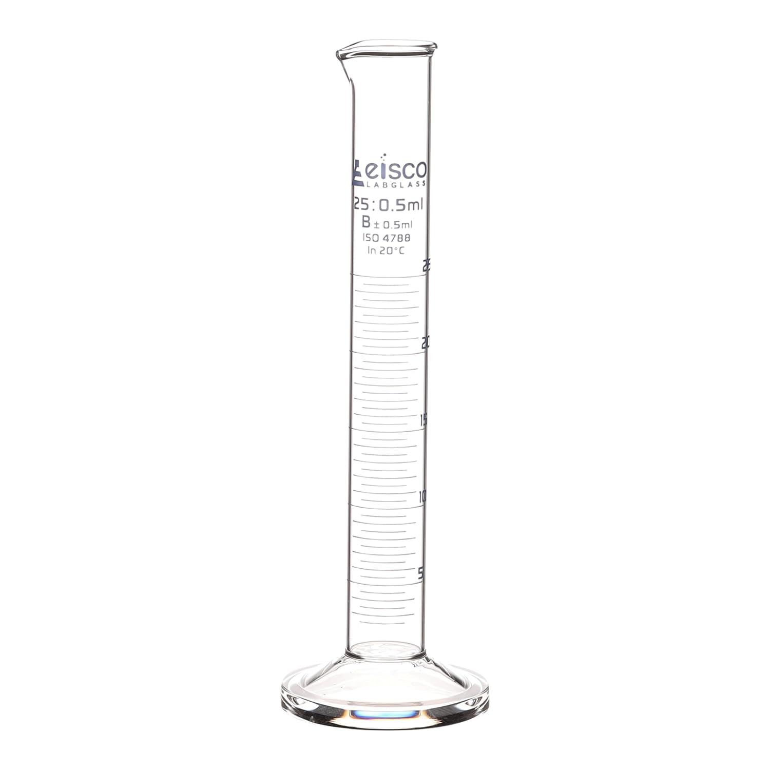 Graduated Cylinder, 250ml - Class B Tolerance ±2.00ml - Round Base - Blue Graduations - Borosilicate 3.3 Glass - Eisco Labs