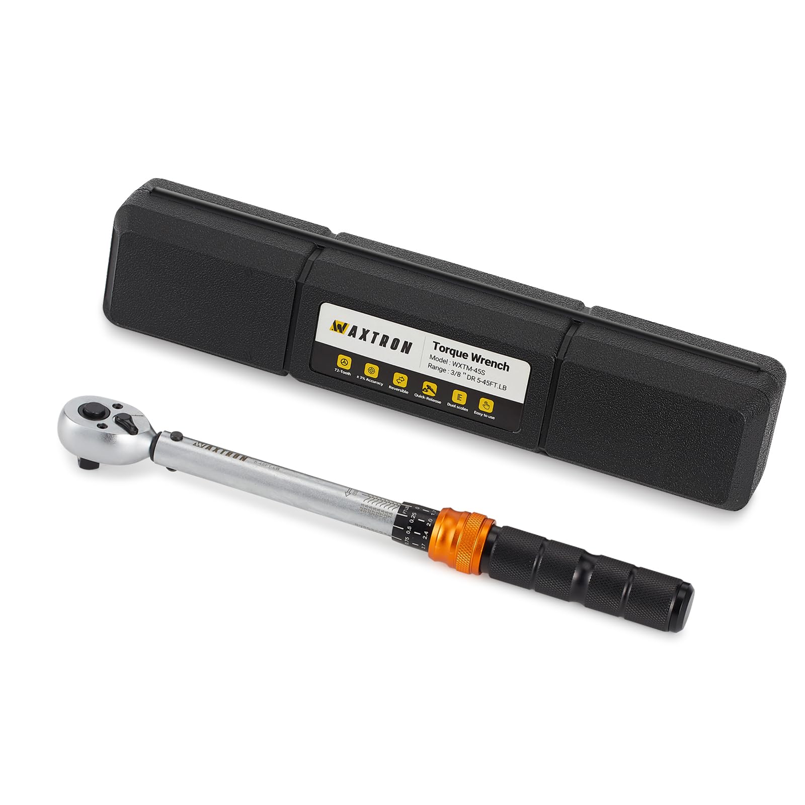 WAXTRON 3/8-Inch Drive Click Torque Wrench, 5-45 ft-lb (6.8-61 Nm), ±3% Accuracy, 72-Tooth Gear, for Motorcycle and Automotive, Case Included