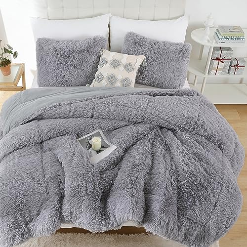 Smoofy Fluffy Queen Comforter Set, Faux Fur Comforter Set Queen Size, Luxury Fuzzy Bedding Set, Soft Shaggy Bed Set for All Season, 3 Pieces - 1 Comforter & 2 Pillowcases, Grey