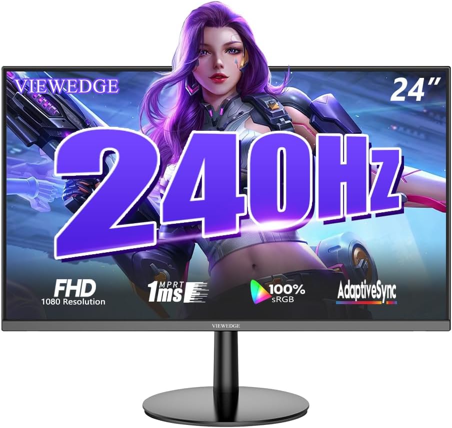 Viewedge Gaming Monitor 24 inch 240Hz, VA 1ms, FHD 1080p Computer Monitor | HDR 10 100% sRGB, Bluelight Filter, 2 HDMI & 1 DP Port, Support Adaptive Sync and Wall Mounted