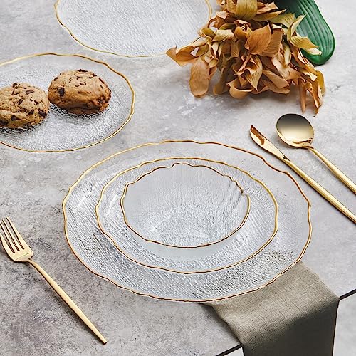 Karaca Milanda - Juego de vajilla de cristal con plato llano, platos laterales y cuencos para cereales y sopa, juego de platos y cuencos para 4 personas, juego de vajilla de 12 piezas (dorado
