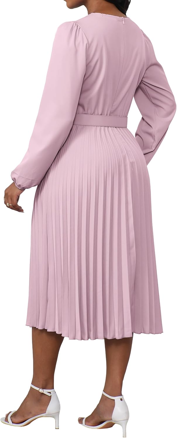 Elainone Women Pleated Midi Dress Long Sleeve Party Wedding Guest Pleated Dress Semi Formal Business Casual Dresses - Image 6