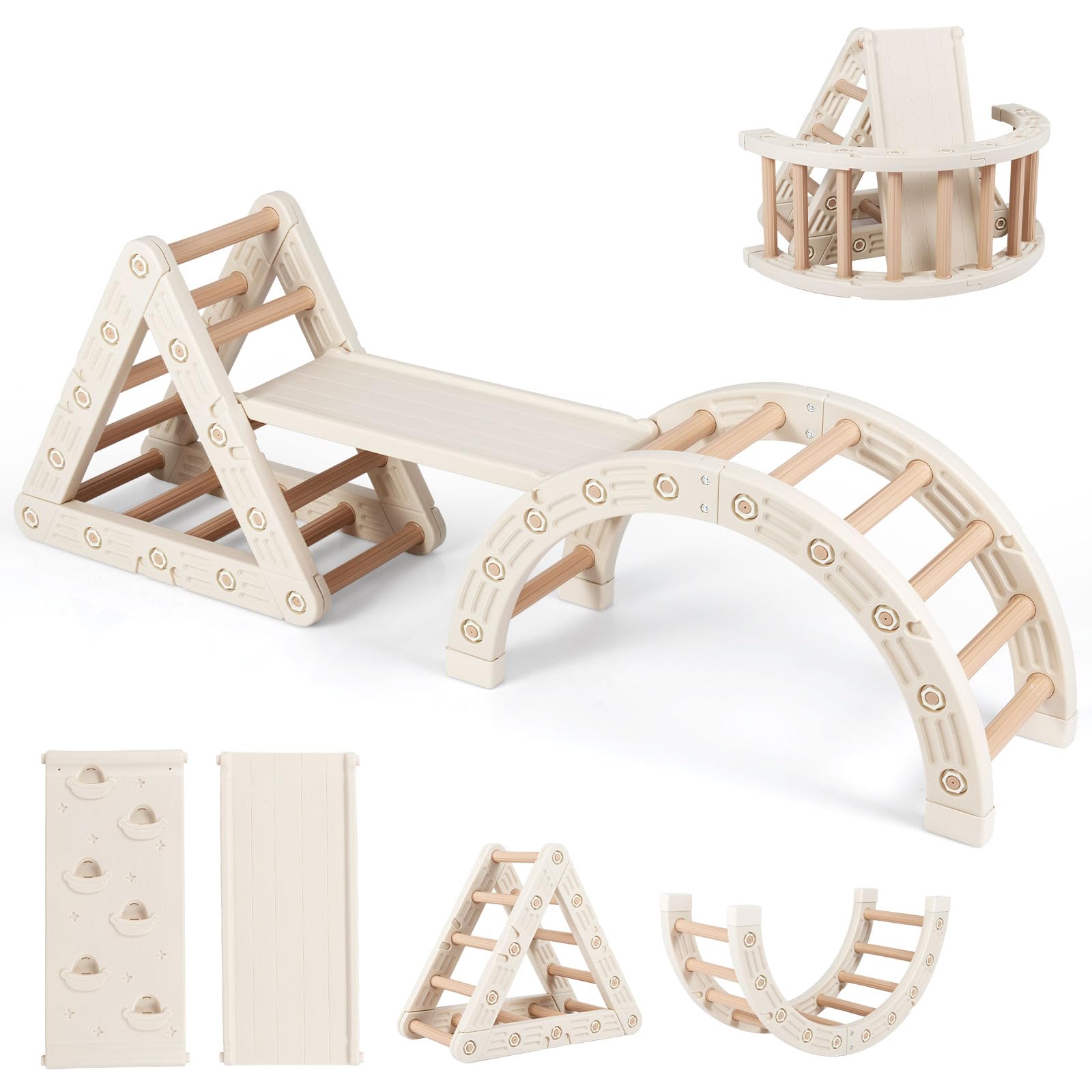 FANTASK Montessori - Set da arrampicata 5 in 1, con scivolo e triangolo in legno, giocattolo da arrampicata con rampa bifacciale, giocattolo per bambini dai 3 ai 6 anni