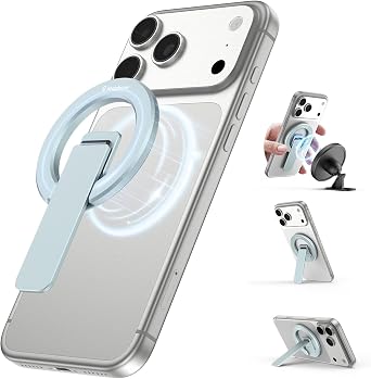 Double-Sided Magnetic Phone Stand Grip, Strong Magnetic Kickstand Desk Holder for Mag&Safe and Smartphone, Foldable Adjustable Design, Blue