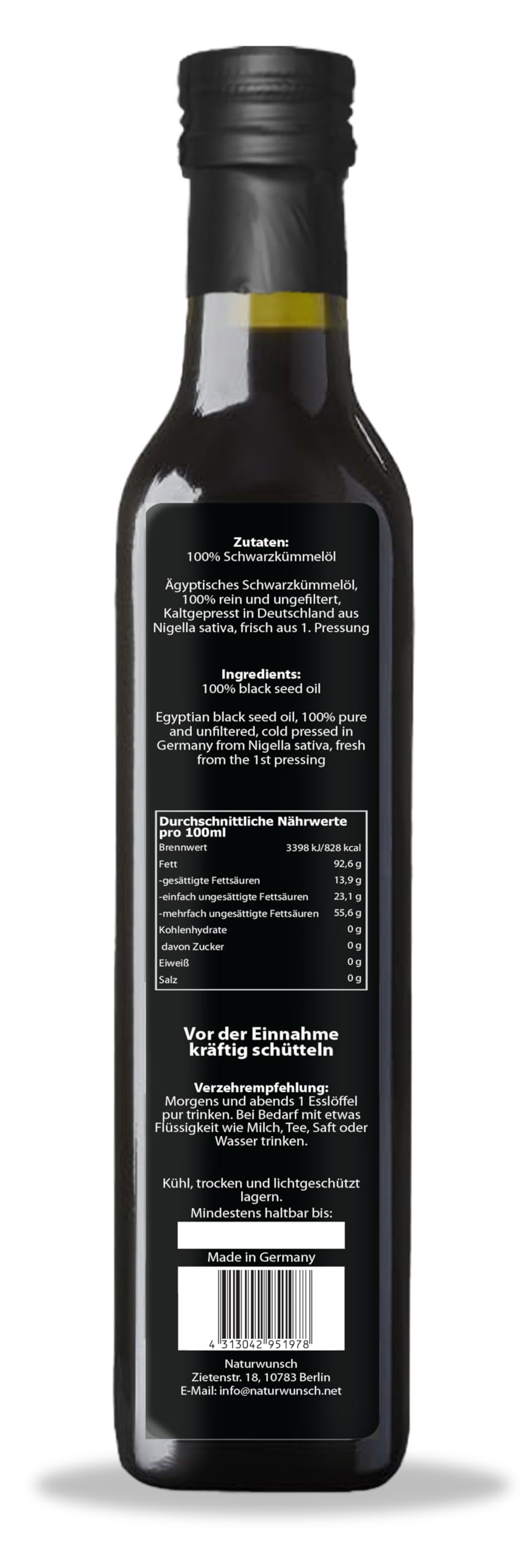naturwunsch Schwarzkümmelöl 0.5 Liter, Ungefiltert, Kaltgepresst, Hoher Thymochinon Gehalt, Frisch in Deutschland hergestellt – Original Nigella Sativa