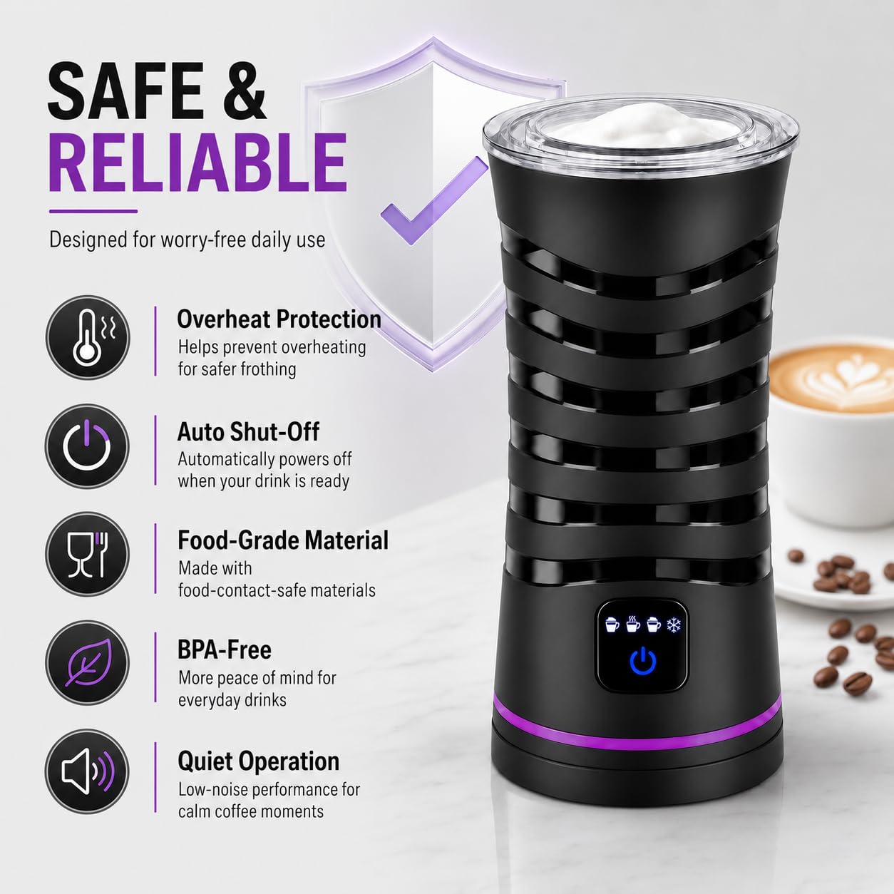 Montalatte elettrico a vapore, 4 in 1 con controllo touchscreen, schiuma per latte caldo e freddo, funzione riscaldante, scaldalatte per latte, cappuccino, macchiato, cioccolata calda, nero lucido
