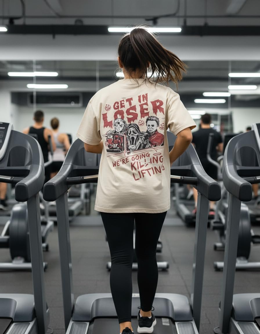 Halloween-Funny Gym Shirts for Women Double-Sided Pattern- Novelty and Fun Design, Washed Heavyweight Cotton Gym t-Shirt