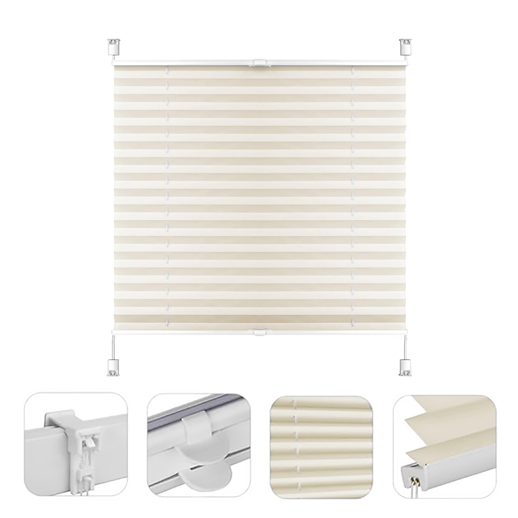 Plissee ohne Bohren Klemmfix, 85 x 170 cm UV-Schutz Sonnenschutz, Premium Plissee Klemmfix ohne Bohren, für Fenster & Tür ohne Bohren, Creme Farben