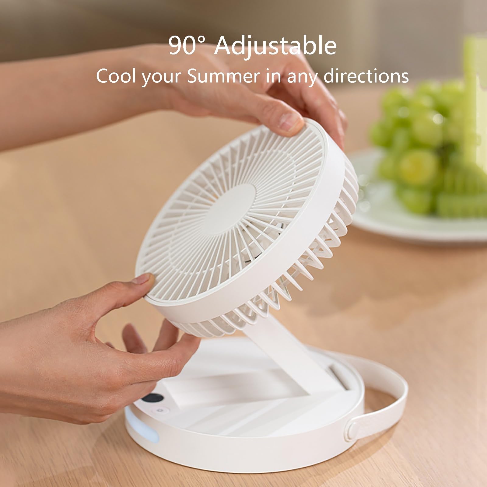 Ventilatore da tavolo portatile ricaricabile con luce notturna, ultra silenzioso, 5 velocità, design compatto per ufficio, dormitorio, viaggi, mini ventilatore pieghevole USB (bianco)