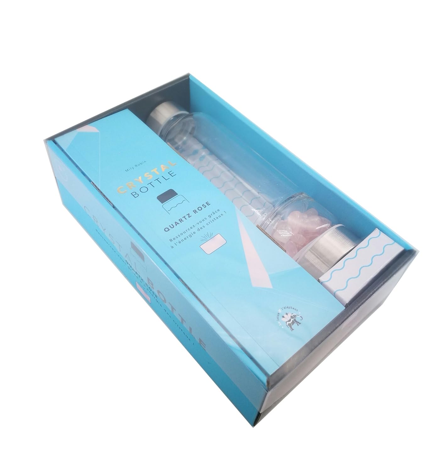 Coffret Crystal Bottle Quartz Rose: Avec une gourde en verre avec une base amovible, des cristaux de quartz rose, un guide sur la lithothérapie