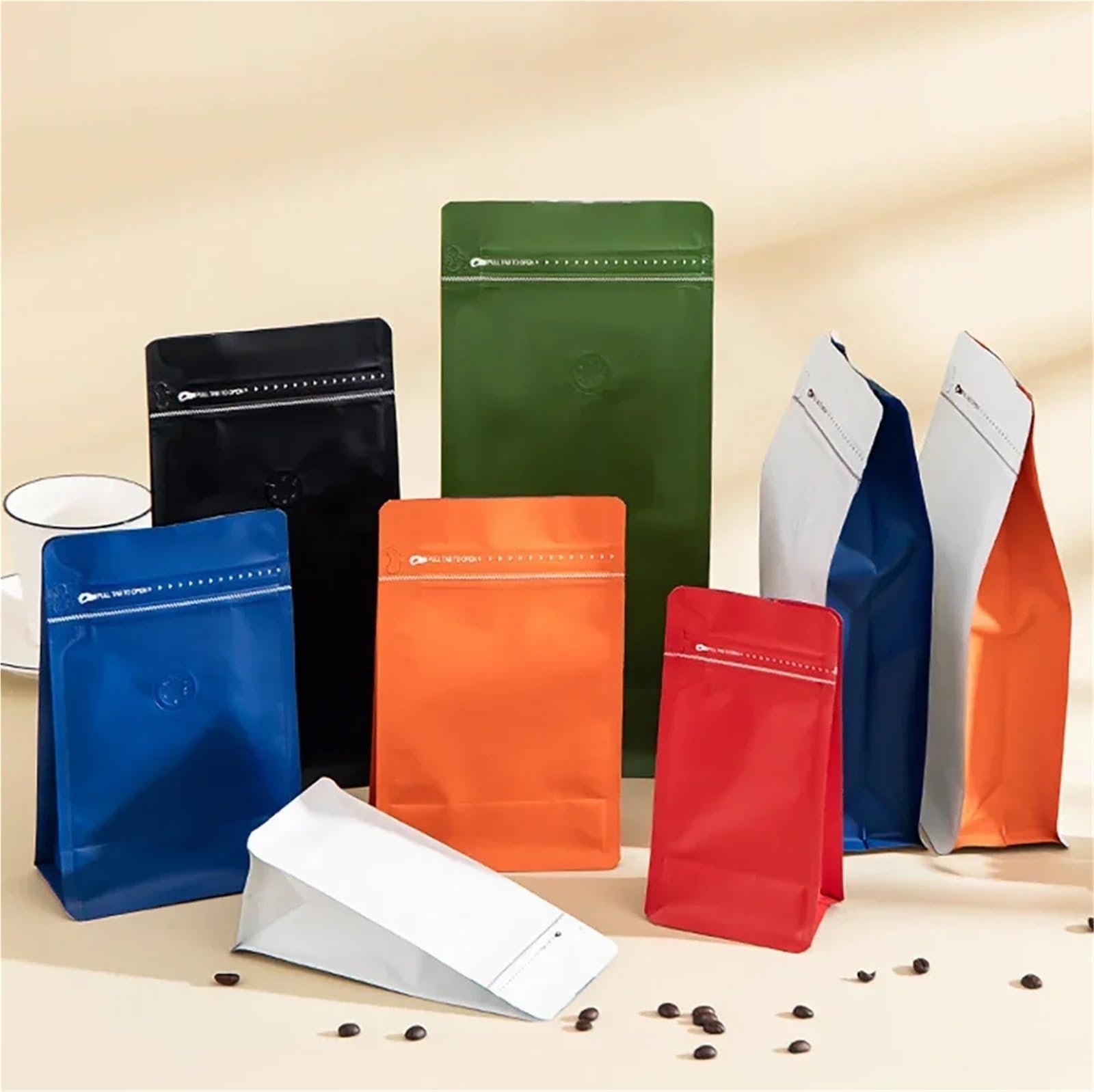 Bolsas de café con válvula, 50 unidades, bolsas de embalaje de café al por mayor con válvula, 125 g, 250 g, 500 g, 1 kg, papel de aluminio naranja, refuerzo lateral para granos de alimentos (naranja