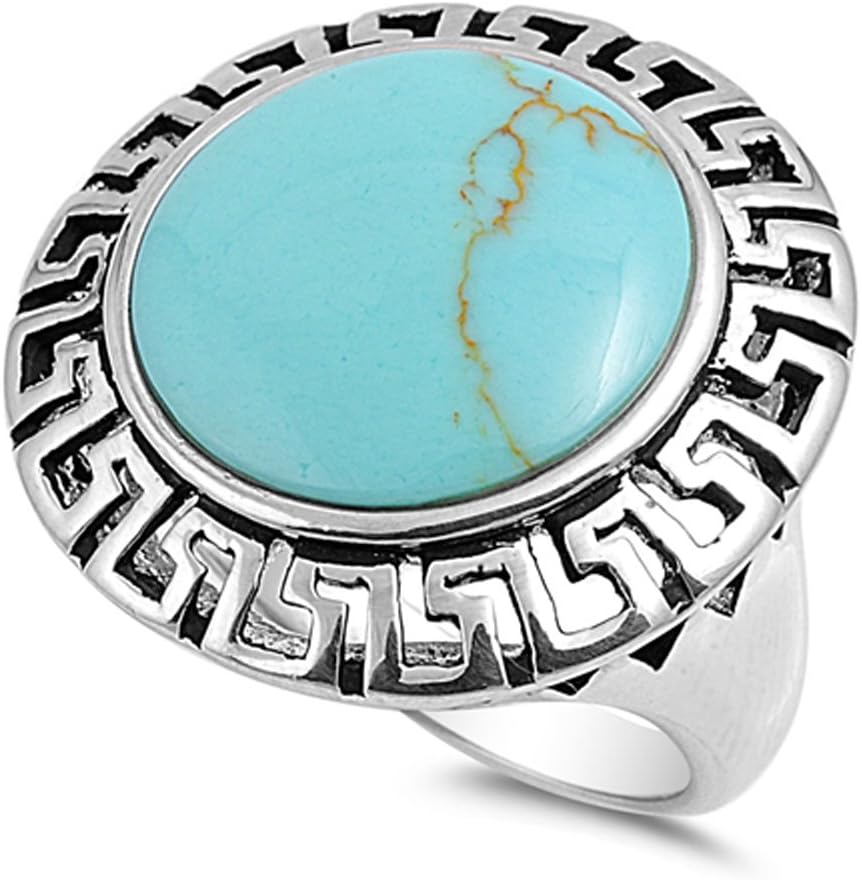 Simulated Turquoise Greek Key Cutout Solitaire Ring .925 Sterling Silver Band Sizes 6-9