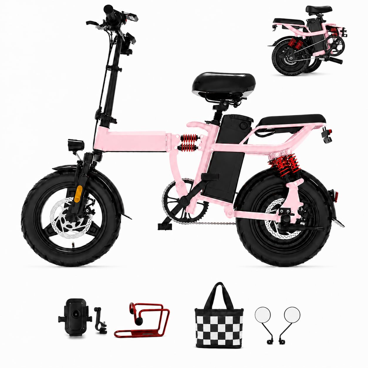 Foldable Electric Bike for Adults & Teens, Small 14" E-Bike 20 MPH Class 2