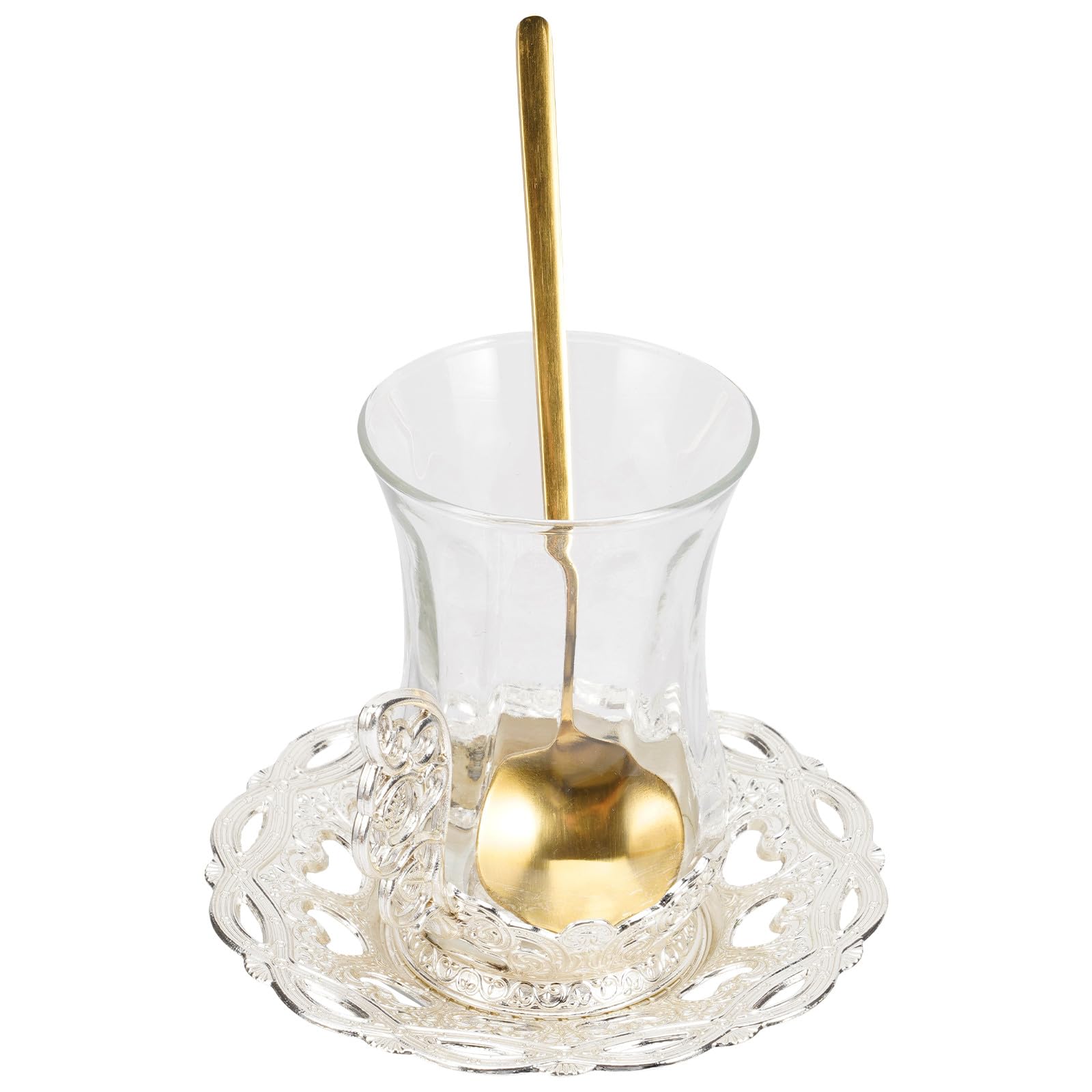 Vintage 3pcs Glass Coffee Cup Set with Saucer and Spoon Silver European Style Tea Cup and Milk for Home and Restaurant Use