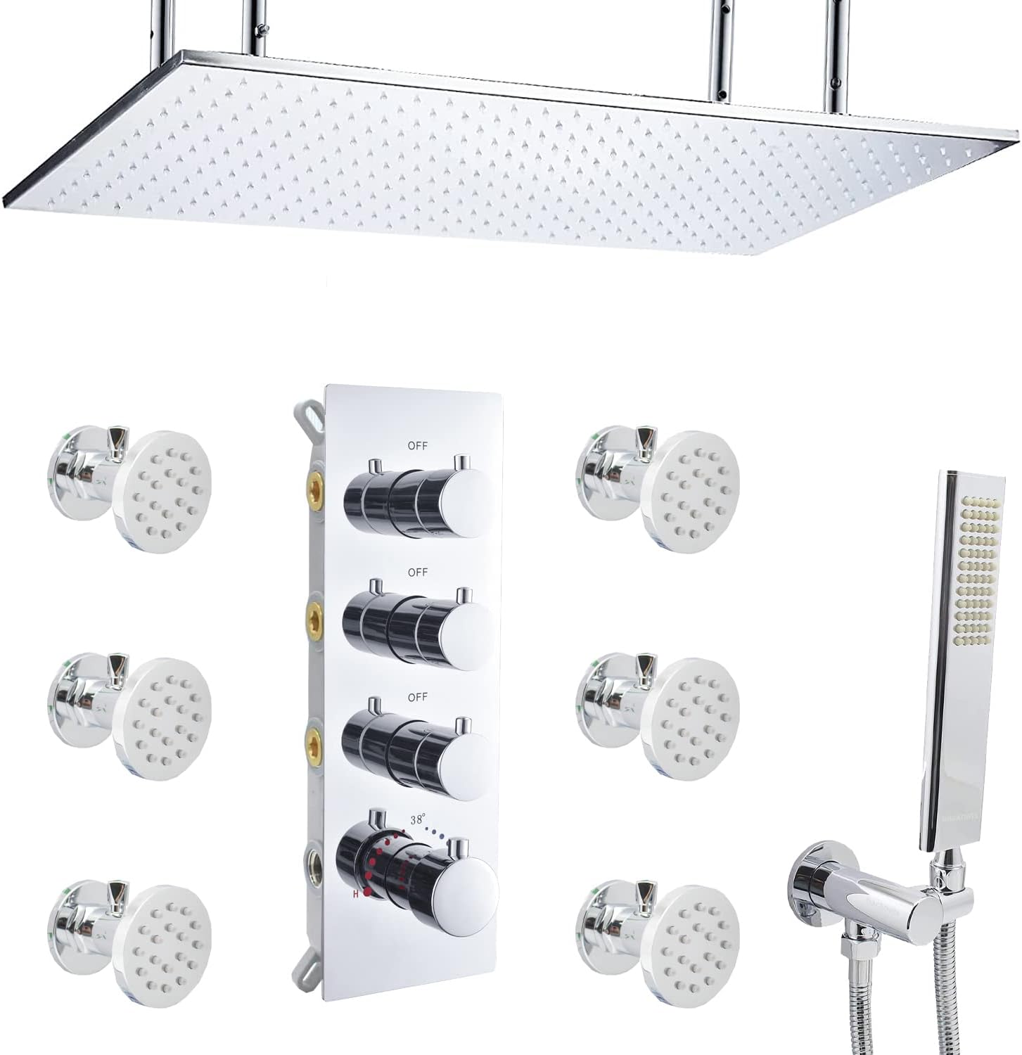 Shower System With On/Off Body Jets Chrome Shower Faucet Set 20x40" Ceiling Rain Shower Head and Full Body Massage Spray Jet, 3 Way Thermostatic Mixing Valve 1/2”