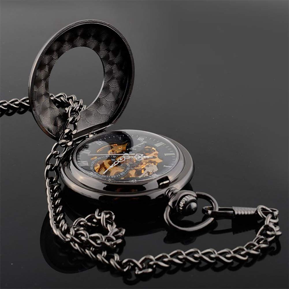 Mens Pocket Watch and Chain Engraved Dial Skeleton Mechanical Pocket