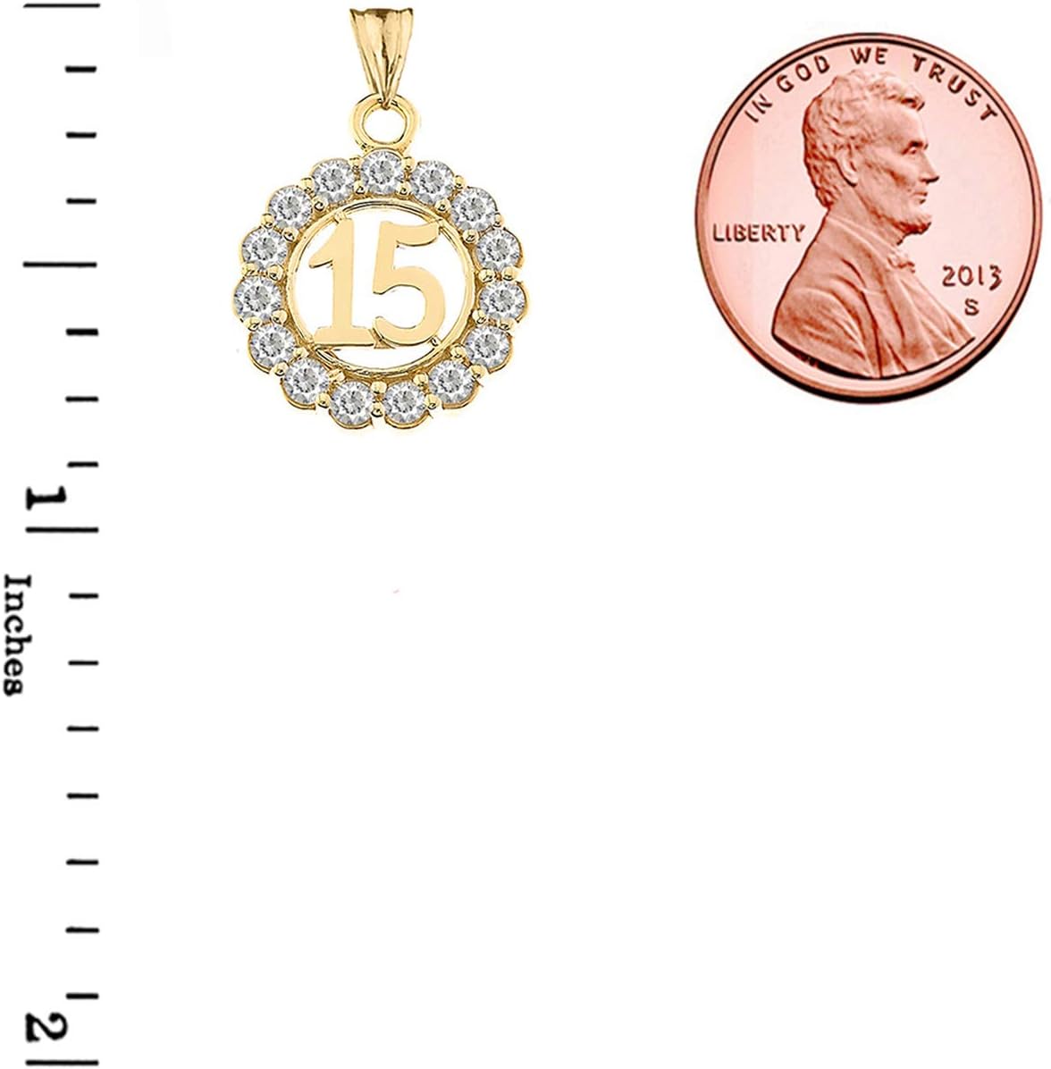 Certified 10k Yellow Gold CZ 15 Anos Quinceanera Round Pendant Necklace, 16"