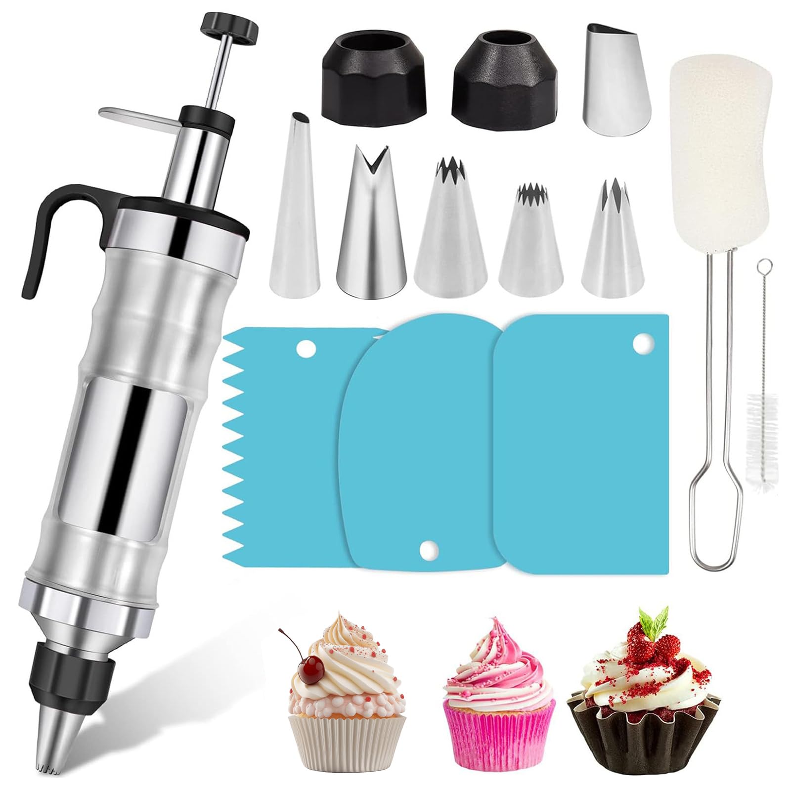 14PCS Dessert Decorating Syringe Set, Icing Piping Kit, Stainless Steel Cake Piping Kit with 6 Pipe Nozzles, Baking Decoration Kit for DIY Cupcakes and Dessert Decoration