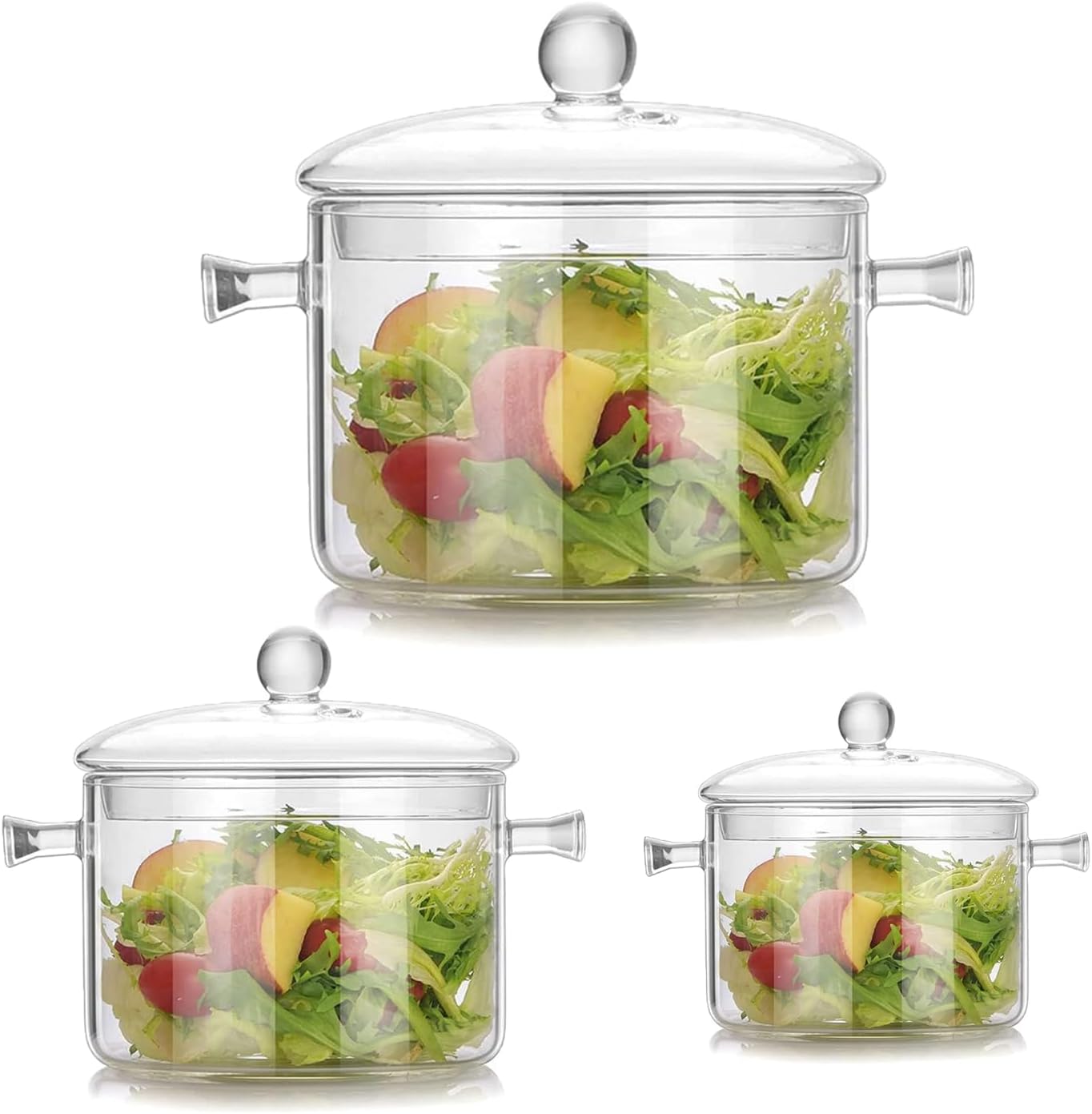 Glass Cooking Pot - 2L/67oz Heat-Resistant Borosilicate Glass Handmade Cookware Set stovetop Pot - Safe for Pasta Noodle, Soup, Milk (Set of three double-handled pots (1400ml + 1600ml + 1900ml))