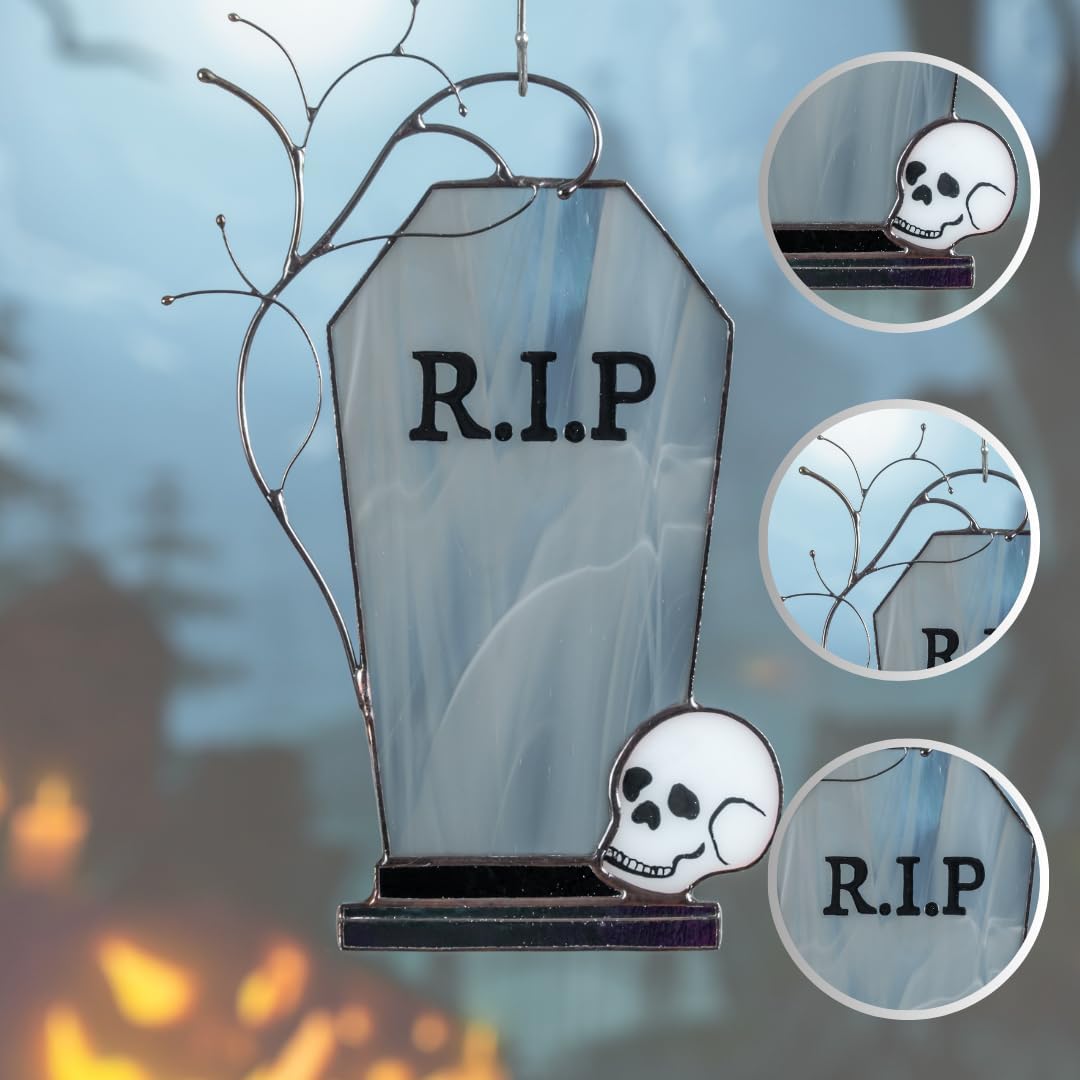 Tomb Stained Glass Window Hanging Suncatcher for Windows Panels Halloween Ornament Decoration Stained Glass Halloween Suncatchers Gothic Decor
