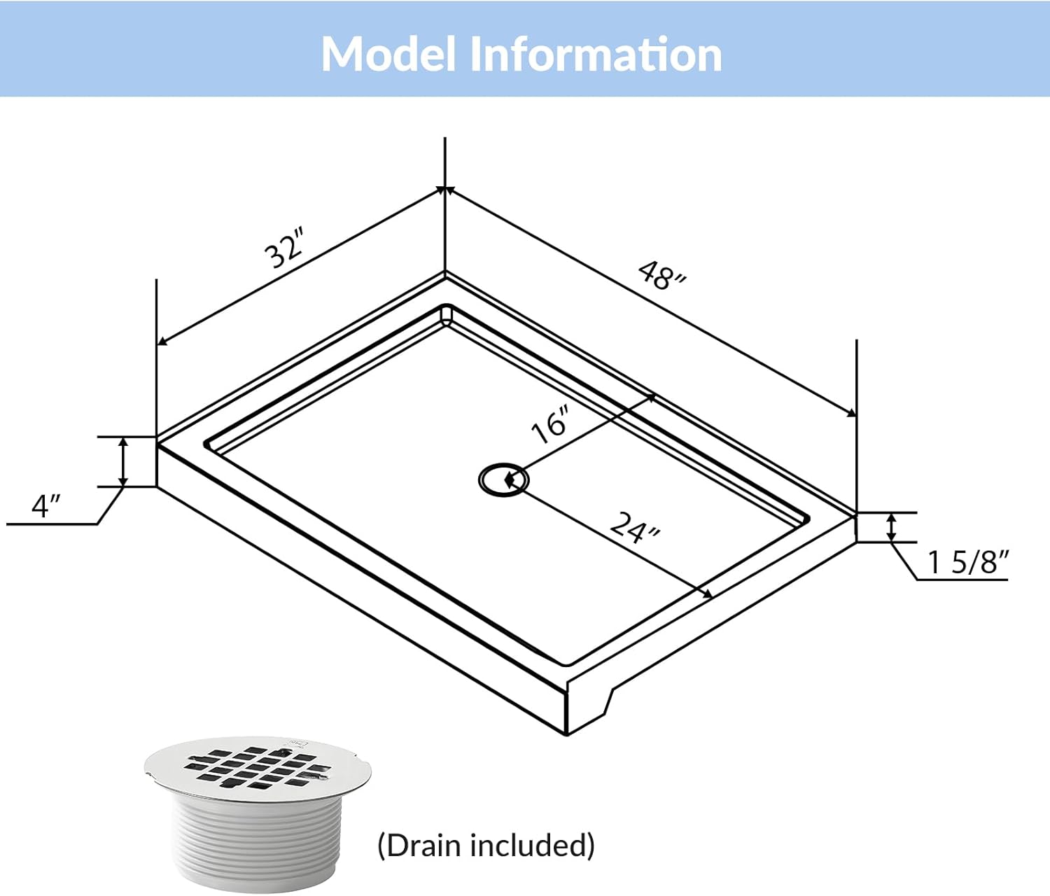 MORVANO 48 x 32 shower base center drain detail