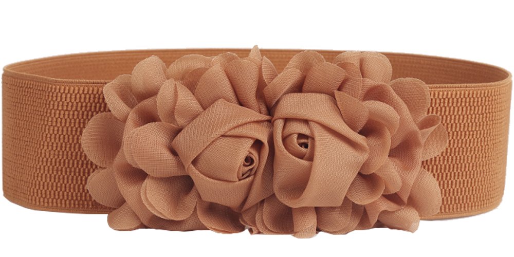 Women's Elastic Stretch Wide Rose Double-Flower Waist Belts for Dress (Brown) XX-Large