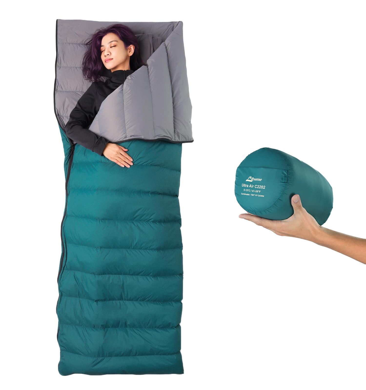 Litume 565g,Die komfortable Temperatur von15°C kombinierbarer Daunenschlafsack, Leichter, kompakter Schlafsack für Erwachsene, Doppelschlafsack, zum Wandern, Camping, für die Familie